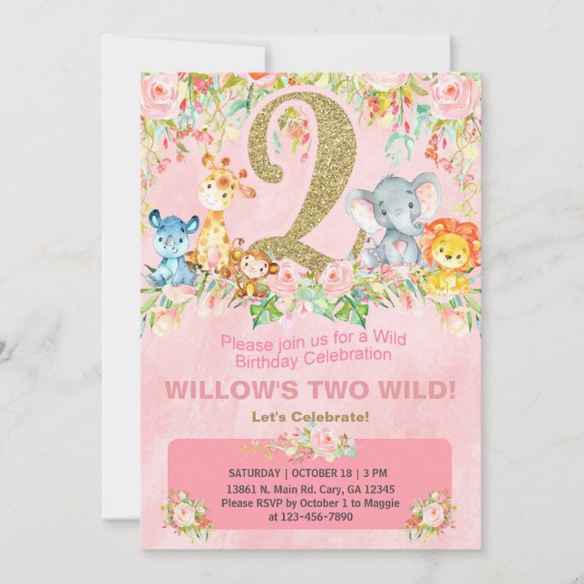 Safari wild animals girl 2nd birthday invite. invitation (Front)