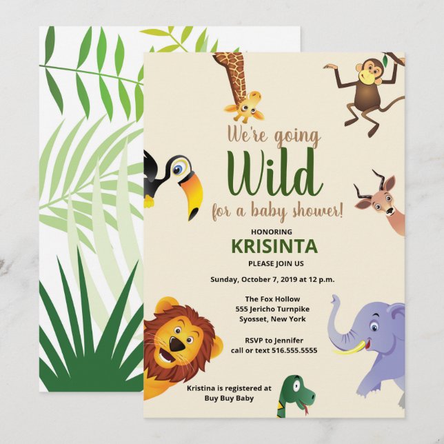 Safari Wild Animals Greenery Baby Shower Invitation (Front/Back)
