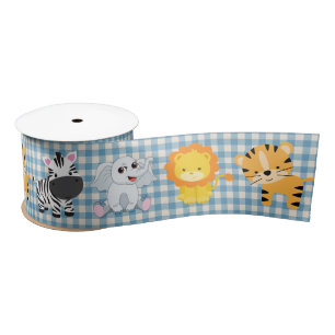 Safari Wild Animals On Gingham Satin Ribbon