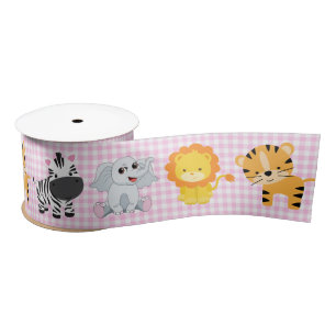 Safari Wild Animals On Gingham Satin Ribbon
