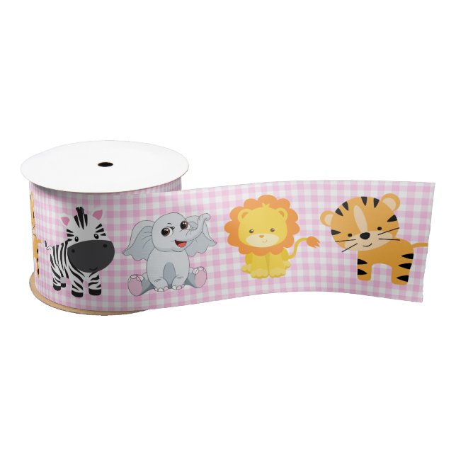 Safari Wild Animals On Gingham Satin Ribbon (Spool)