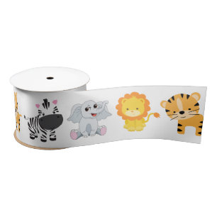 Safari Wild Animals On White Satin Ribbon