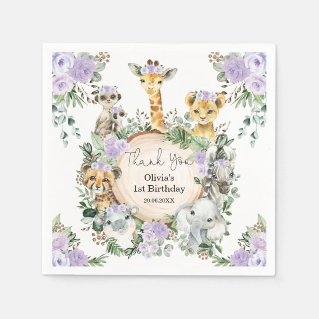 Safari Wild Animals Purple Floral Birthday Favours Napkin (Front)