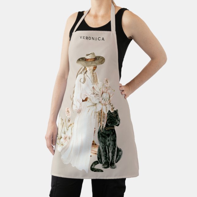 Safari Wild Leopard Boho Lady Personalised Beige Apron (Insitu)