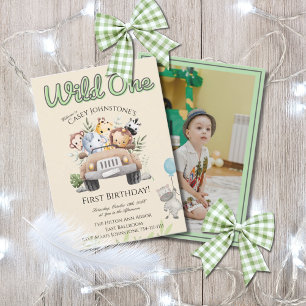 Safari Wild One 1 Photo Watercolor 1st Birthday  Invitation