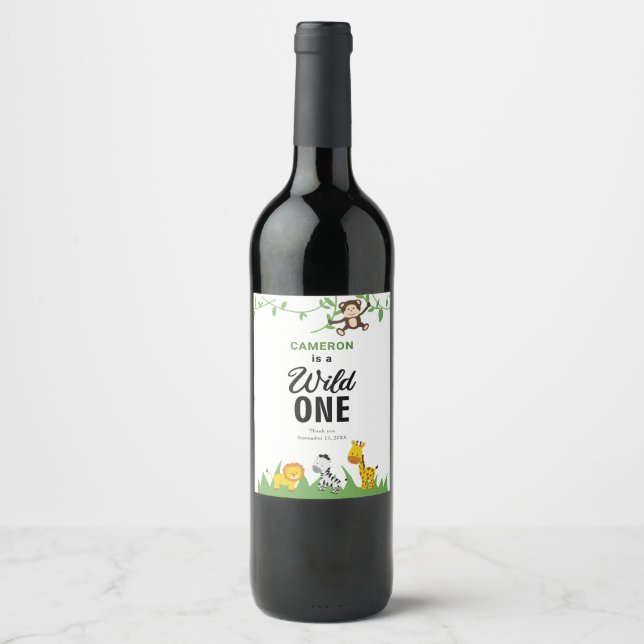 Safari Wild One 1st Birthday Cute Kawaii  Wine Label (Front)