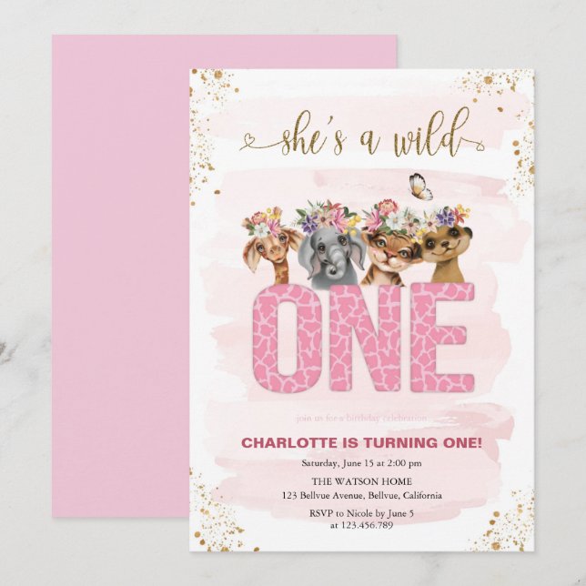 Safari Wild One 1st Birthday Invitation (Front/Back)