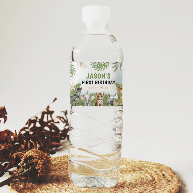 Safari Wild One 1st Boy Birthday Water Bottle Label (Creator Uploaded)