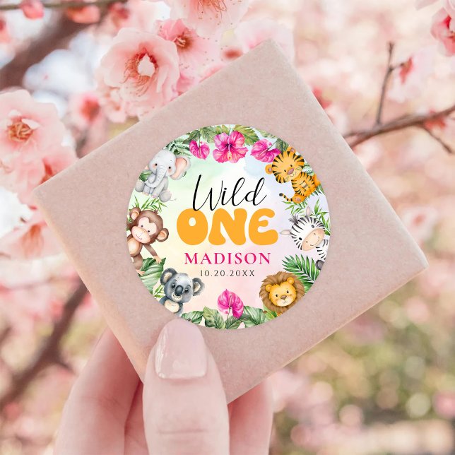 Safari Wild One 1st Girl Birthday  Classic Round Sticker (Creator Uploaded)
