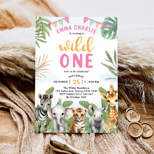 Safari Wild One 1st Girl Birthday Invitation