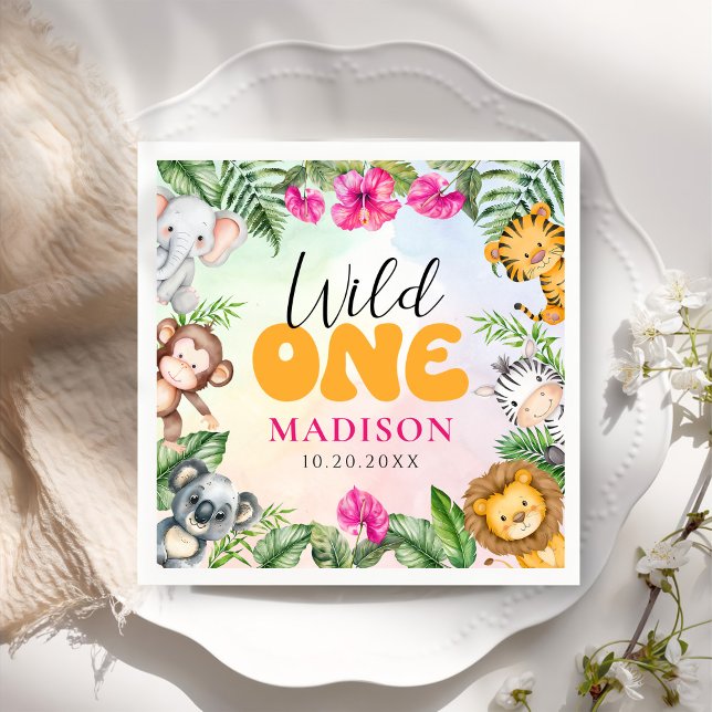 Safari Wild One 1st Girl Birthday Napkin (Creator Uploaded)