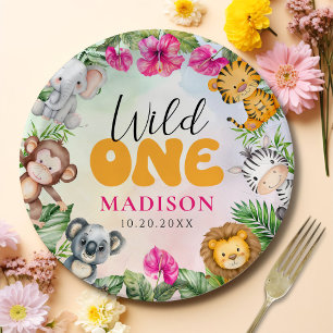 Safari Wild One 1st Girl Birthday Paper Plate