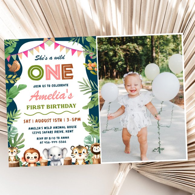 Safari Wild One 1st Girl Birthday Photo Invitation (Creator Uploaded)