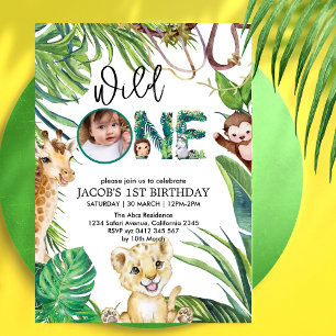 Safari Wild One Animal Jungle Photo 1st Birthday Invitation