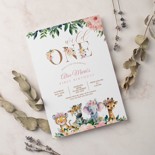 Safari Wild One Animals Jungle Girl Birthday Invitation (Creator Uploaded)