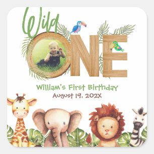 Safari Wild One Animals Wood First Birthday Photo  Square Sticker