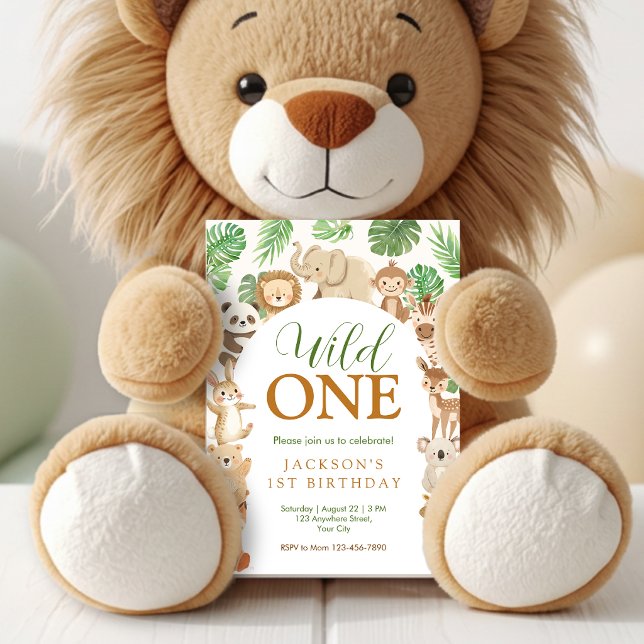 Safari Wild One Birthday Invitation (Wild One safari birthday invitation with jungle animals and tropical greenery.)