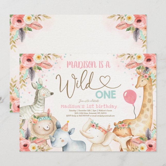 Safari Wild One Birthday Invitation Boho Wild One (Front/Back)
