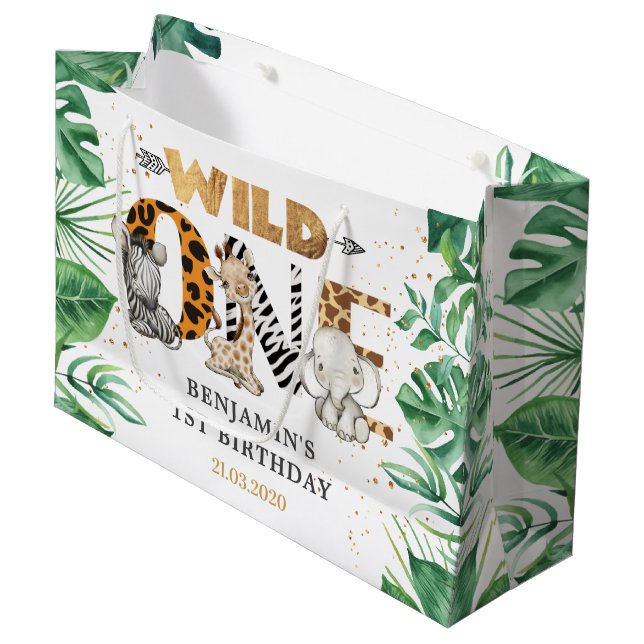 Safari Wild One Birthday Party Large Gift Bag (Front Angled)