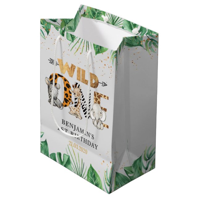 Safari Wild One Birthday Party Medium Gift Bag (Front Angled)