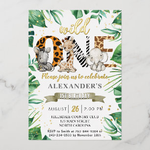Safari Wild One Birthday Party Real Foil Invitatio