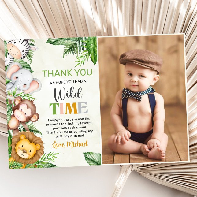 Safari Wild One Birthday Photo Thank You Card (Creator Uploaded)