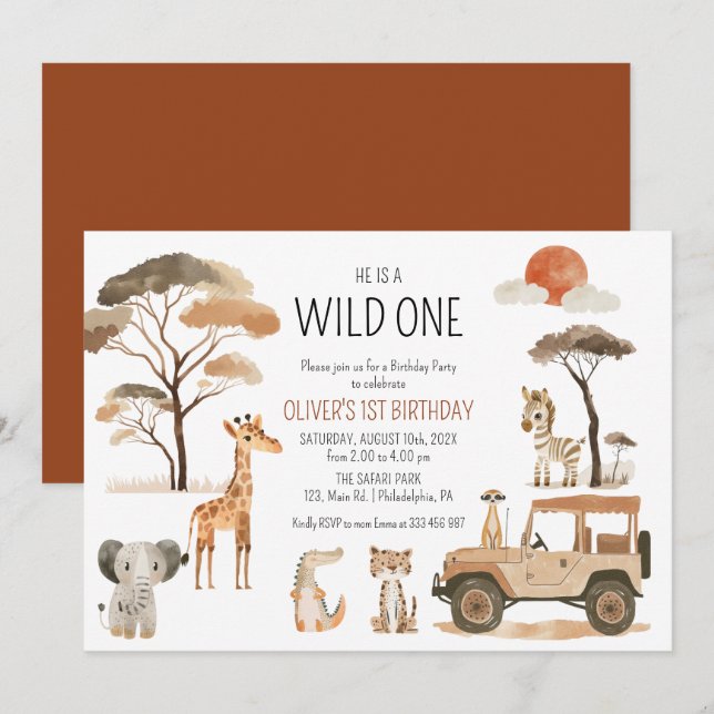 Safari Wild One Boy 1st Birthday Save The Date (Front/Back)