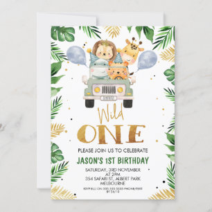 Safari Wild One foliage Birthday Invitation