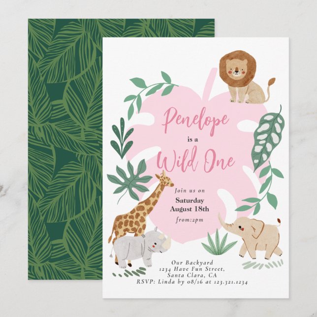 Safari Wild One Girl 1st Birthday Invitation (Front/Back)
