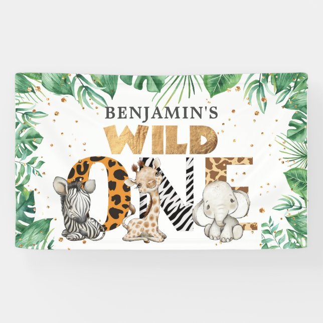 Safari Wild One Gold Confetti 1st Birthday Banner (Horizontal)