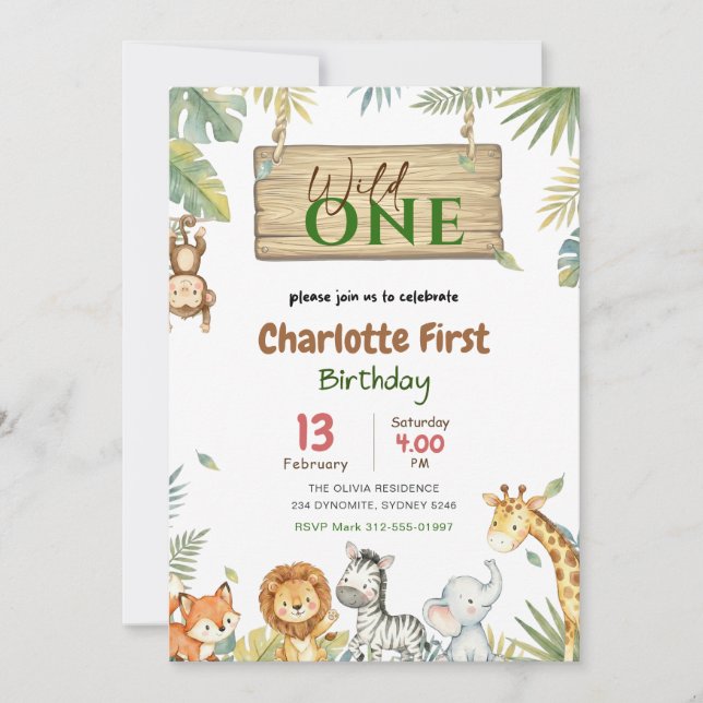 Safari Wild One | Jungle Animal Babys 1st Birthday Invitation (Front)