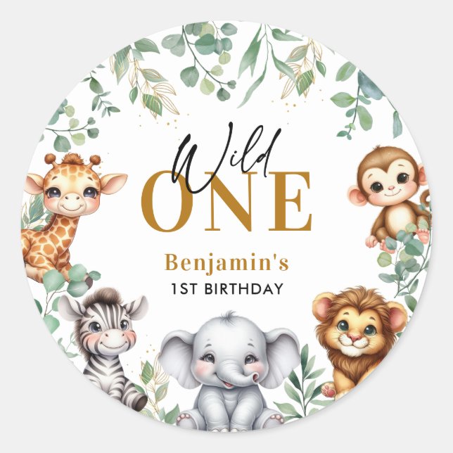 Safari Wild One | Jungle Animals 1st Birthday Classic Round Sticker (Front)