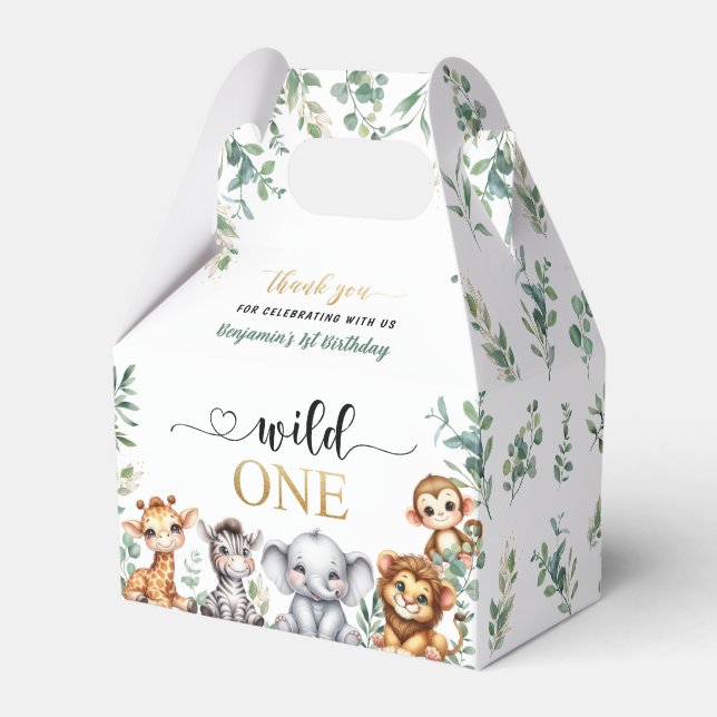 Safari Wild One Jungle Animals 1st Birthday Favour Box (Front Side)