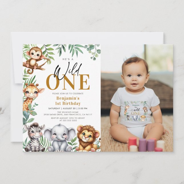 Safari Wild One Jungle Animals 1st Birthday Photo  Invitation (Front)
