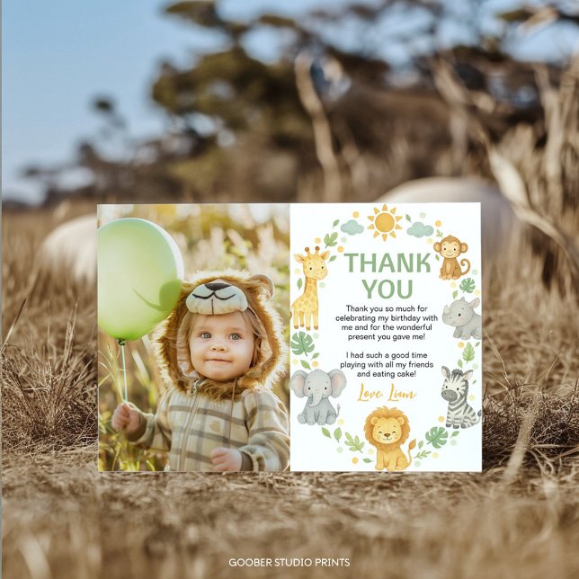 Safari Wild One Jungle Animals Birthday Photo Thank You Card (Creator Uploaded)