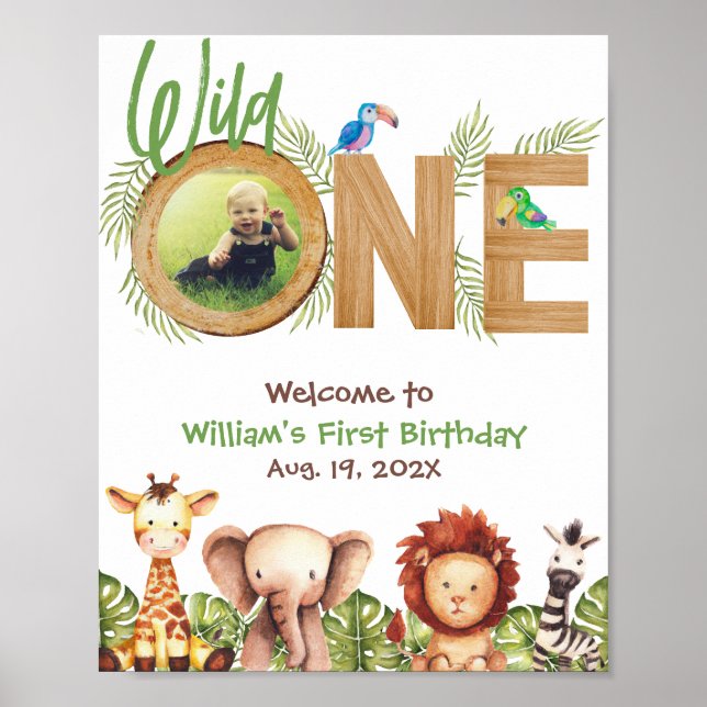 Safari Wild One Photo Wood First Birthday Welcome  Poster (Front)