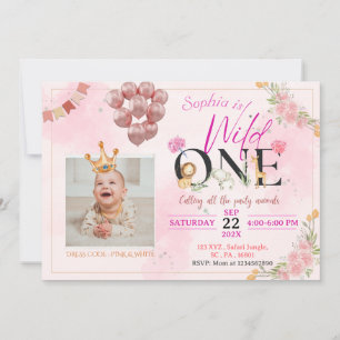 Safari Wild ONE Pink Floral For Girl Birthday Invitation