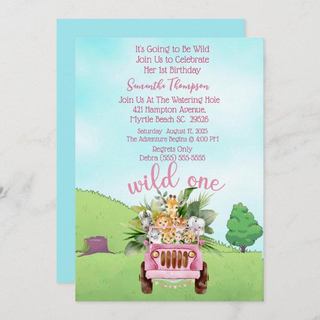 Safari Wild One Pink Girls Birthday Party     Invitation (Front/Back)