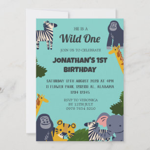 Safari Wild one Simple Cute First Birthday Baby In Invitation
