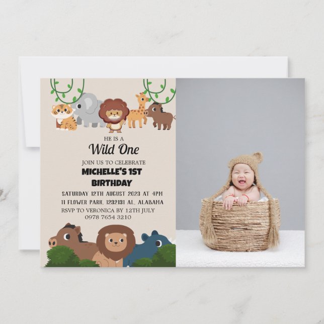 Safari Wild one Simple First Birthday Baby photo Invitation (Front)