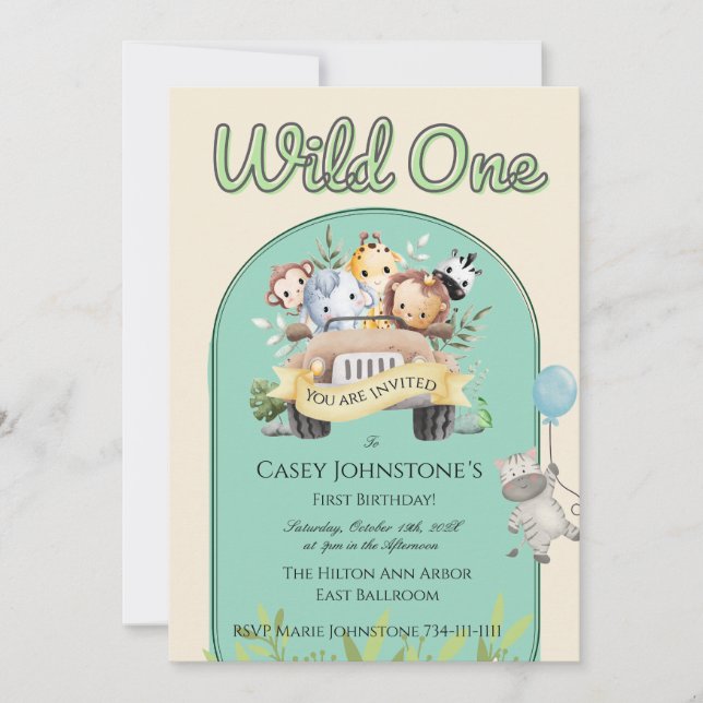 Safari Wild One Watercolor 1st Birthday Invitation (Front)