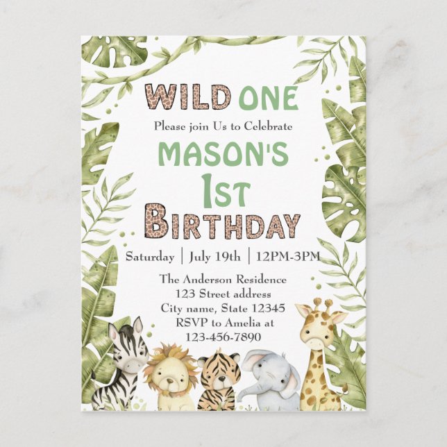 Safari Wild One Watercolor 1st Birthday Postcard (Front)