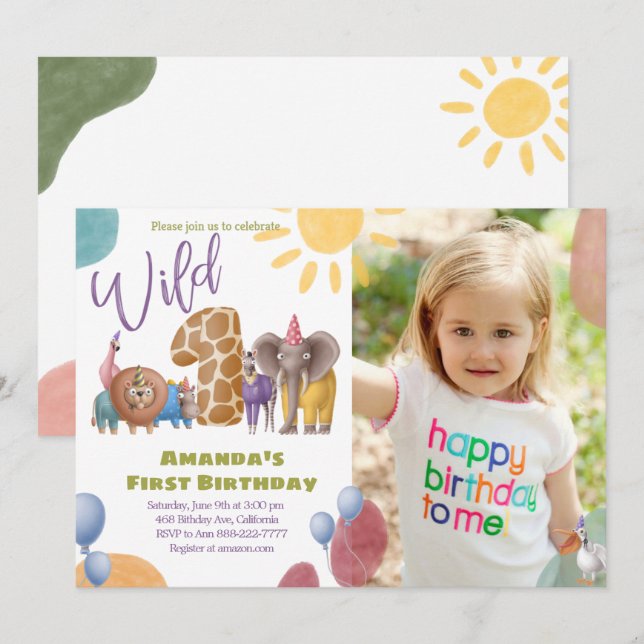 Safari Wild One With Photo Birthday Invitation (Front/Back)