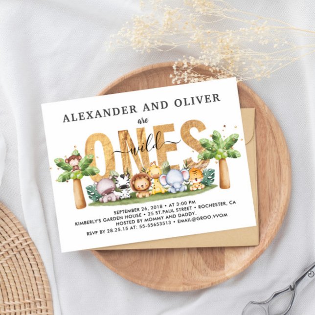 Safari Wild Ones Twins 1st Birthday Invitation Postcard (Creator Uploaded)