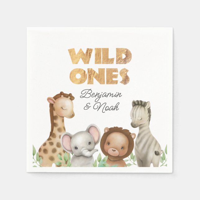 Safari Wild Ones Twins 1st Birthday Napkin (Front)