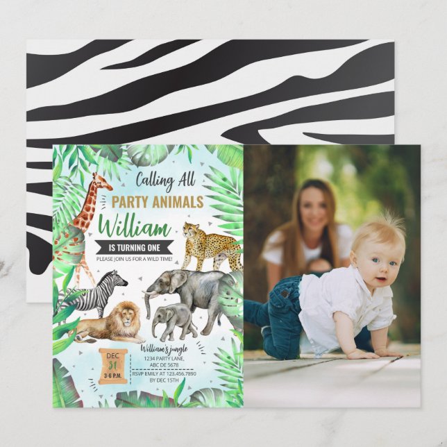 Safari Wild Party Animals Birthday Photo Invitation (Front/Back)