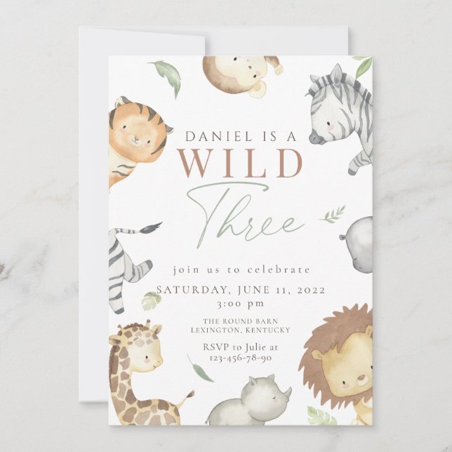 Safari wild three birthday party invitation (Front)