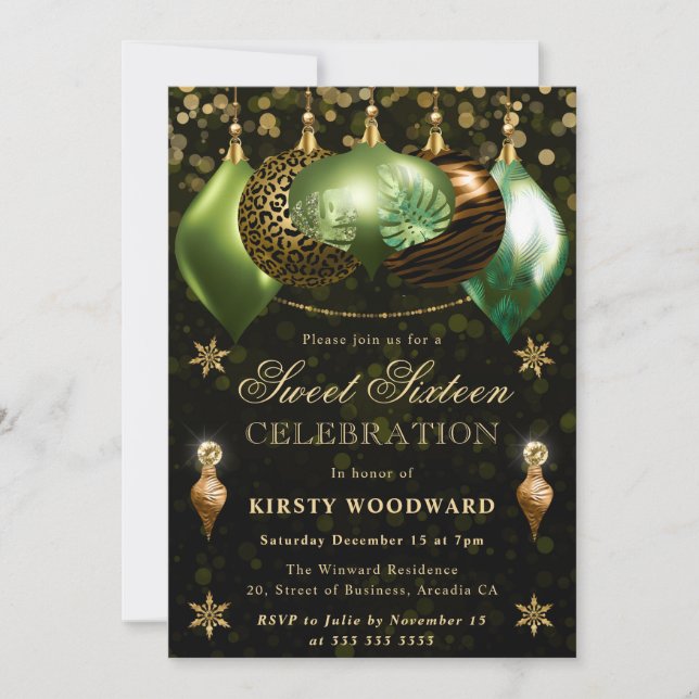 Safari Wildlife Baubles Christmas Sweet 16 Invitation (Front)