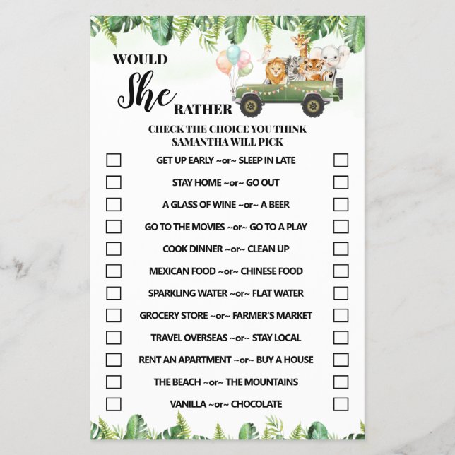 Safari Would She Rather Baby Shower Game Card (Front)