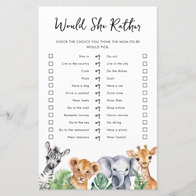 Safari Would She Rather Baby Shower Game Card (Front)